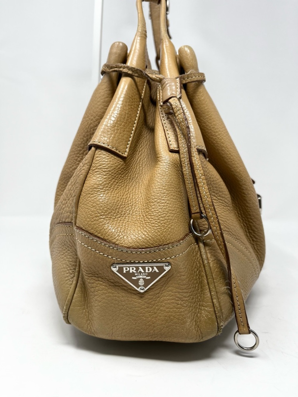 Authentic Vintage Prada 90s Brown Tan Triangle Logo Leather Shoulder Hobo Bag - Picture 2 of 16